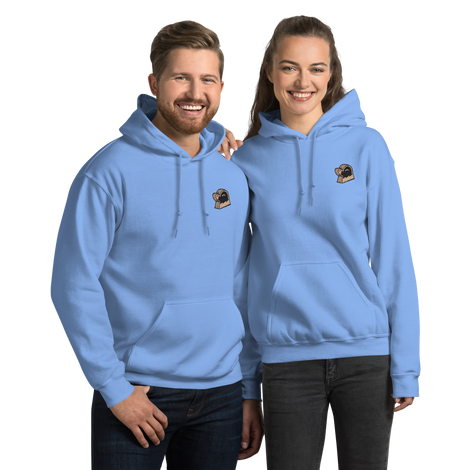 Models wearing light blue hoodies with the Underground Duchy mole meeple embroidered on the left chests.