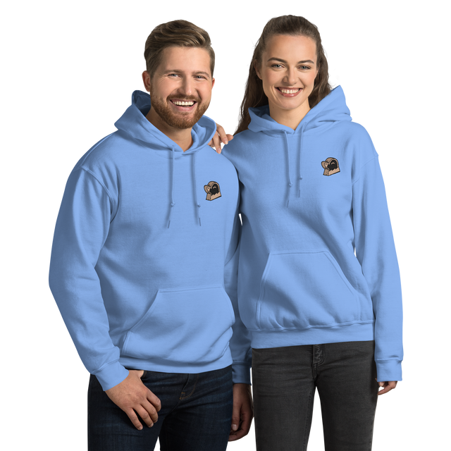 Models wearing light blue hoodies with the Underground Duchy mole meeple embroidered on the left chests.