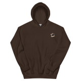 A brown hoodie with the Underground Duchy mole meeple embroidered on the left chest.