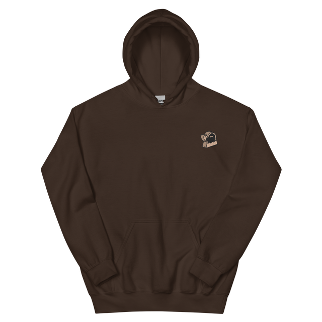 A brown hoodie with the Underground Duchy mole meeple embroidered on the left chest.