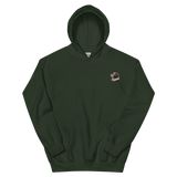 A forest green hoodie with the Underground Duchy mole meeple embroidered on the left chest.