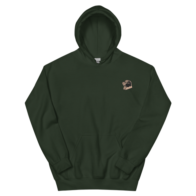 A forest green hoodie with the Underground Duchy mole meeple embroidered on the left chest.