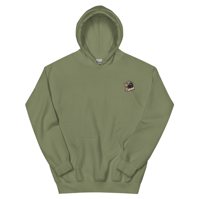 An army green hoodie with the Underground Duchy mole meeple embroidered on the left chest.