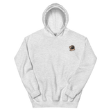 A light grey hoodie with the Underground Duchy mole meeple embroidered on the left chest.