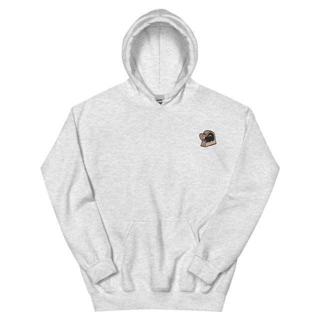 A light grey hoodie with the Underground Duchy mole meeple embroidered on the left chest.