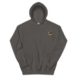A slate grey hoodie with the Underground Duchy mole meeple embroidered on the left chest.
