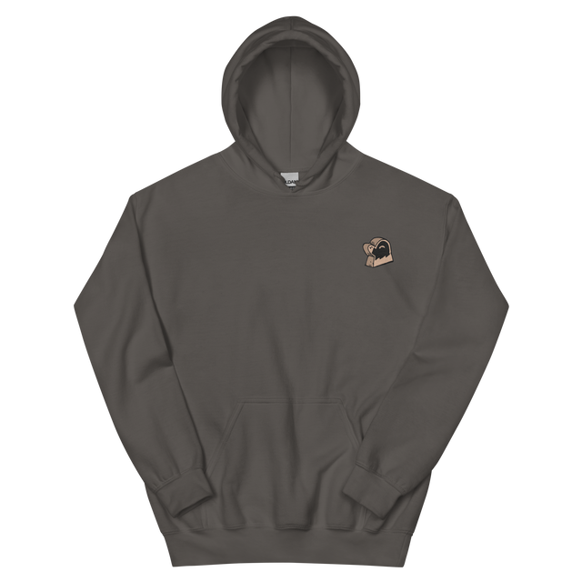 A slate grey hoodie with the Underground Duchy mole meeple embroidered on the left chest.