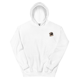 A white hoodie with the Underground Duchy mole meeple embroidered on the left chest.