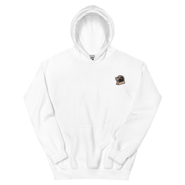 A white hoodie with the Underground Duchy mole meeple embroidered on the left chest.