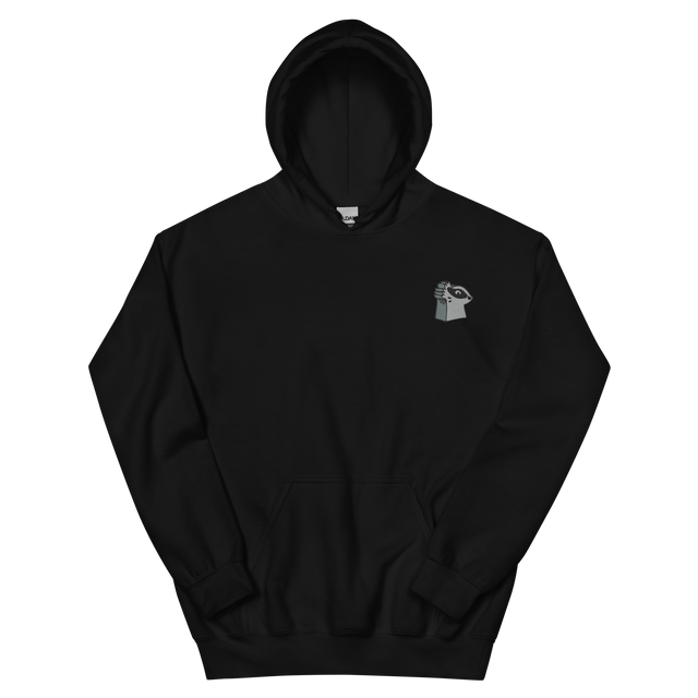 A black hoodie with the Keepers meeple embroidered on the left chest.