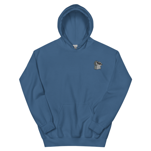A blue hoodie with the Keepers meeple embroidered on the left chest.