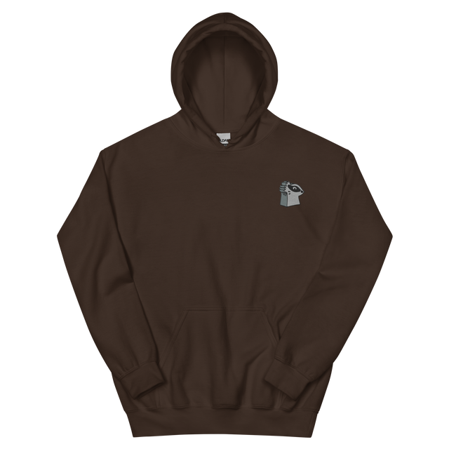 A brown hoodie with the Keepers meeple embroidered on the left chest.