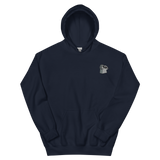A navy hoodie with the Keepers meeple embroidered on the left chest.