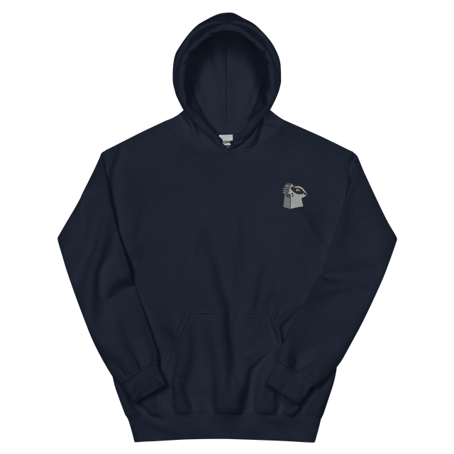 A navy hoodie with the Keepers meeple embroidered on the left chest.