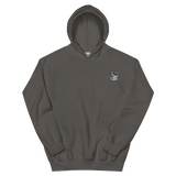 A slate grey hoodie with the Keepers meeple embroidered on the left chest.