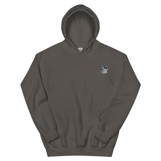 A slate grey hoodie with the Keepers meeple embroidered on the left chest.