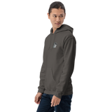 A model wearing a slate grey hoodie with the Keepers meeple embroidered on the left chest.