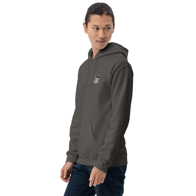A model wearing a slate grey hoodie with the Keepers meeple embroidered on the left chest.