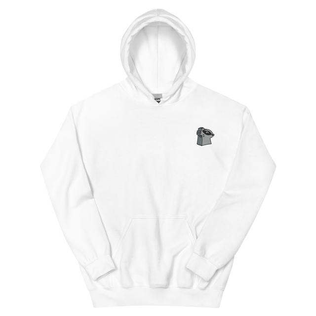 A white hoodie with the Keepers meeple embroidered on the left chest.
