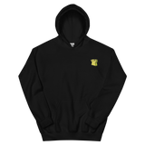 A black hoodie with the Lizard Cult  meeple embroidered on the left chest.