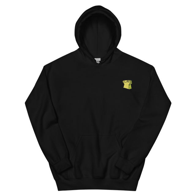 A black hoodie with the Lizard Cult  meeple embroidered on the left chest.