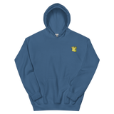 A blue hoodie with the Lizard Cult  meeple embroidered on the left chest.