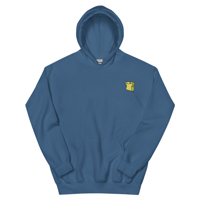 A blue hoodie with the Lizard Cult  meeple embroidered on the left chest.