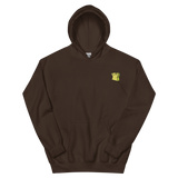 A brown hoodie with the Lizard Cult  meeple embroidered on the left chest.