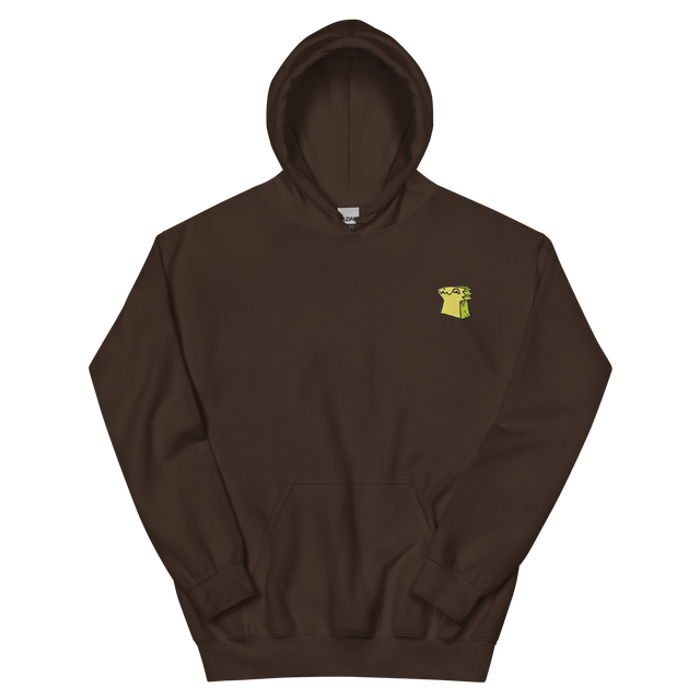 A brown hoodie with the Lizard Cult  meeple embroidered on the left chest.
