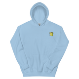 A light blue hoodie with the Lizard Cult  meeple embroidered on the left chest.