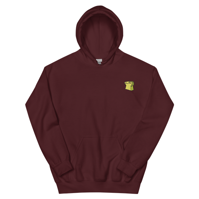 A maroon hoodie with the Lizard Cult  meeple embroidered on the left chest.