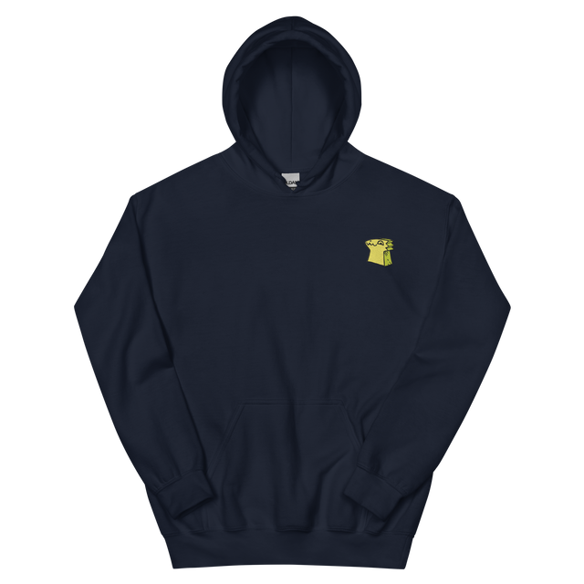 A navy hoodie with the Lizard Cult  meeple embroidered on the left chest.