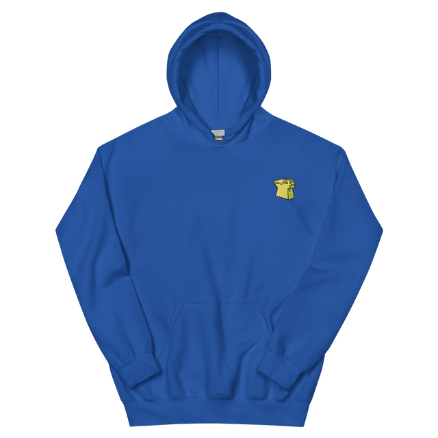 A royal blue hoodie with the Lizard Cult  meeple embroidered on the left chest.