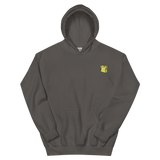 A slate grey hoodie with the Lizard Cult  meeple embroidered on the left chest.