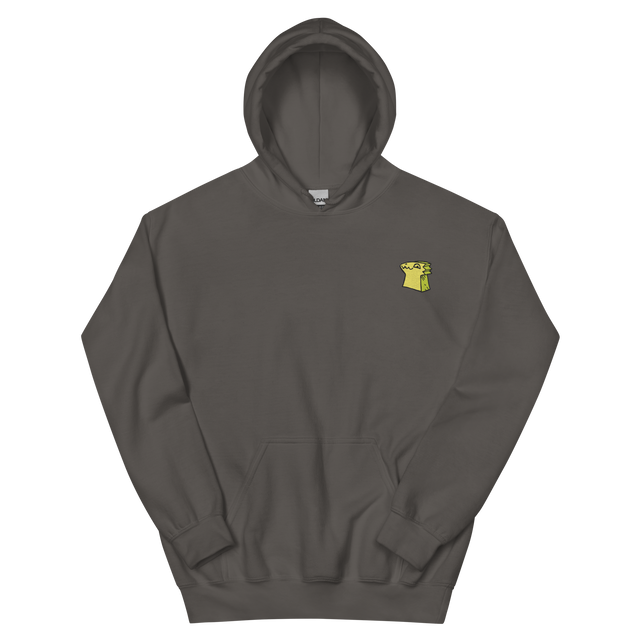A slate grey hoodie with the Lizard Cult  meeple embroidered on the left chest.