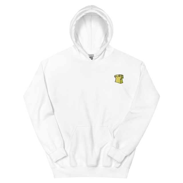 A white hoodie with the Lizard Cult  meeple embroidered on the left chest.