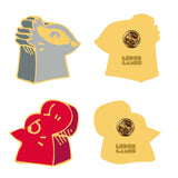 Renderings of the front and back of the enamel meeple pin set featuring the Lord of the Hundreds and Keepers in Iron from Root the Marauder Expansion.