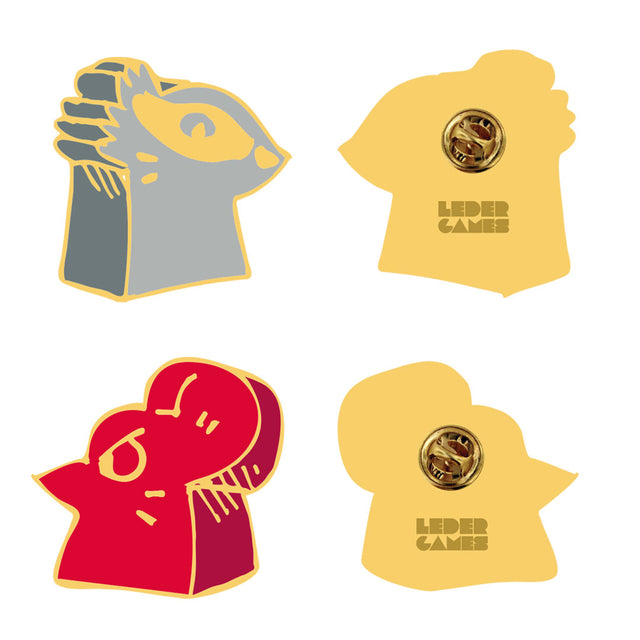Renderings of the front and back of the enamel meeple pin set featuring the Lord of the Hundreds and Keepers in Iron from Root the Marauder Expansion.