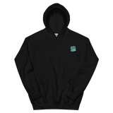 A black hoodie with the Riverfolk Company otter meeple embroidered on the left chest.
