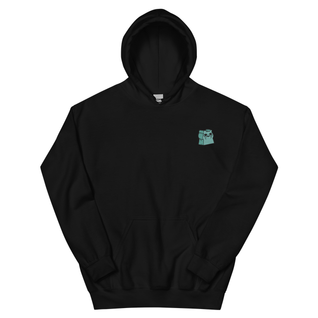 A black hoodie with the Riverfolk Company otter meeple embroidered on the left chest.
