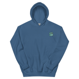 A blue hoodie with the Riverfolk Company otter meeple embroidered on the left chest.