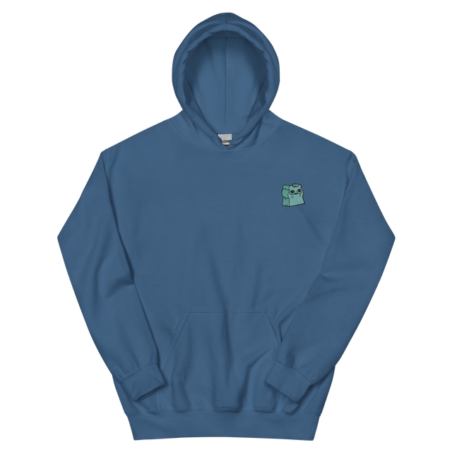 A blue hoodie with the Riverfolk Company otter meeple embroidered on the left chest.