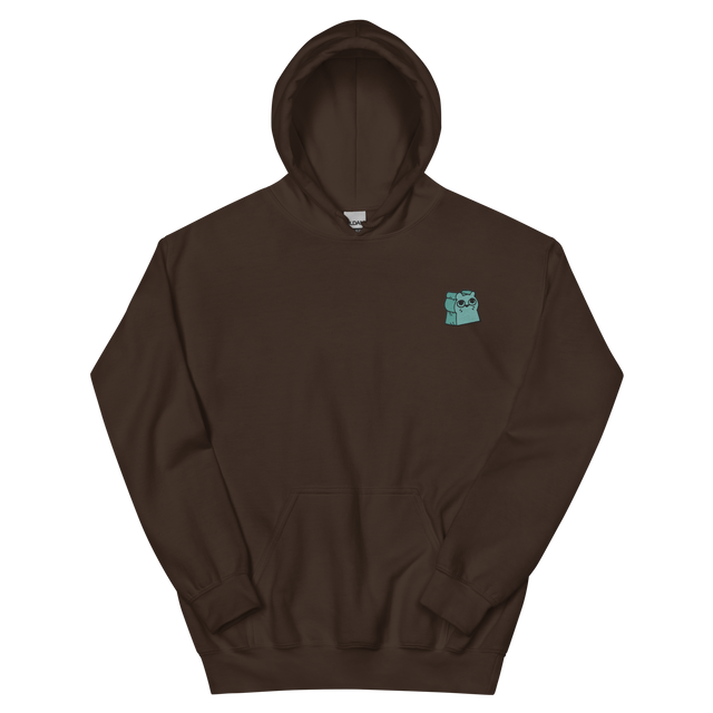 A brown hoodie with the Riverfolk Company otter meeple embroidered on the left chest.