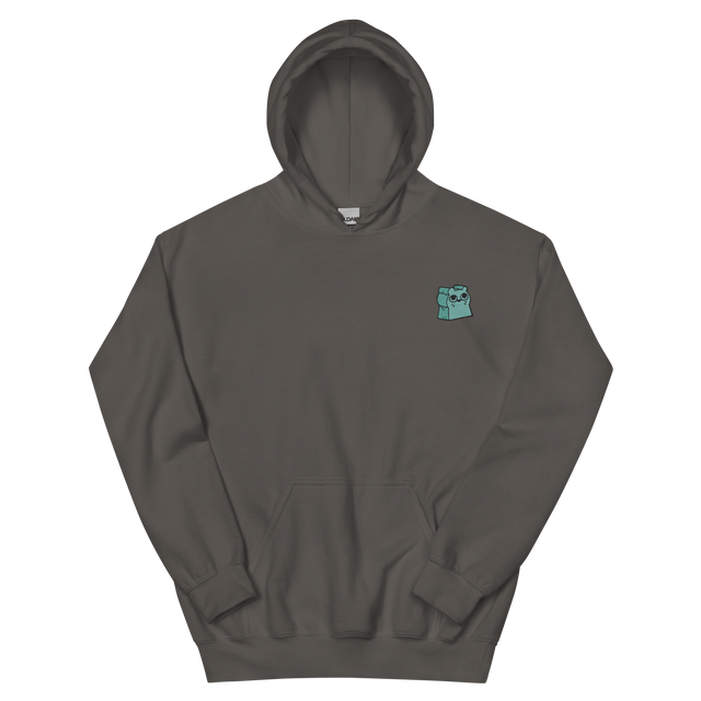 A charcoal grey hoodie with the Riverfolk Company otter meeple embroidered on the left chest.