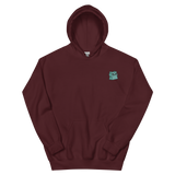 A maroon hoodie with the Riverfolk Company otter meeple embroidered on the left chest.