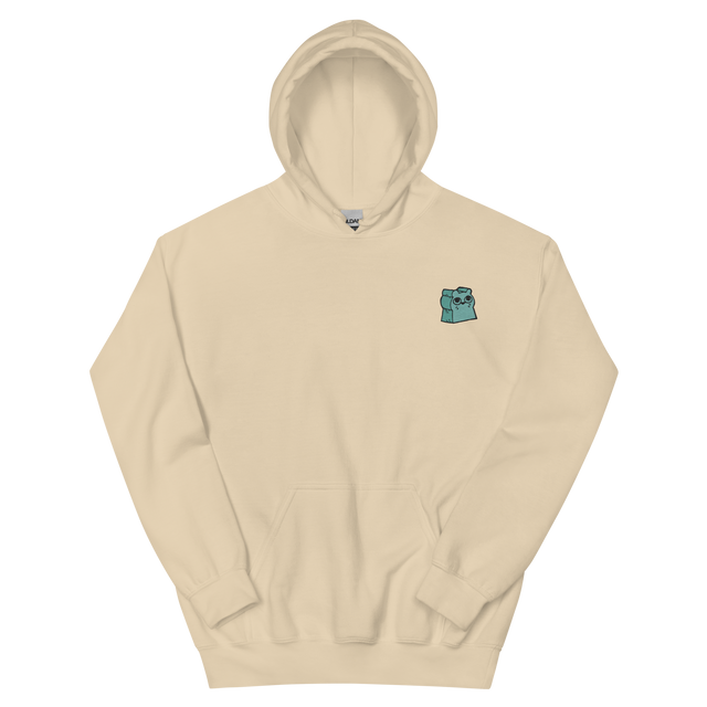 A sand-colored hoodie with the Riverfolk Company otter meeple embroidered on the left chest.
