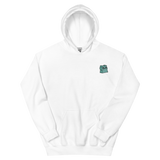 A white hoodie with the Riverfolks Company otter meeple embroidered on the left chest.
