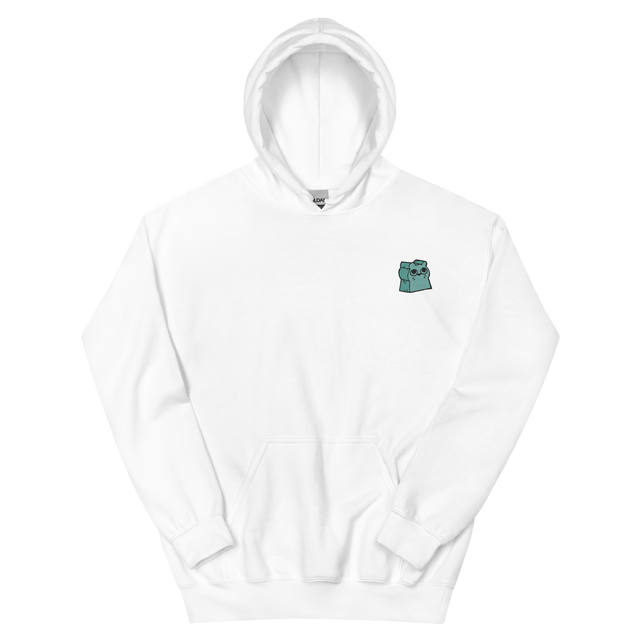 A white hoodie with the Riverfolks Company otter meeple embroidered on the left chest.