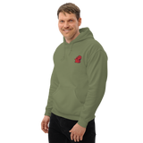 A model wearing an army green hoodie with the Lord of the Hundreds meeple embroidered on the left chest.