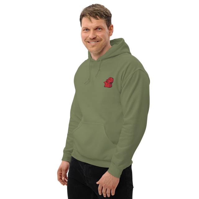 A model wearing an army green hoodie with the Lord of the Hundreds meeple embroidered on the left chest.